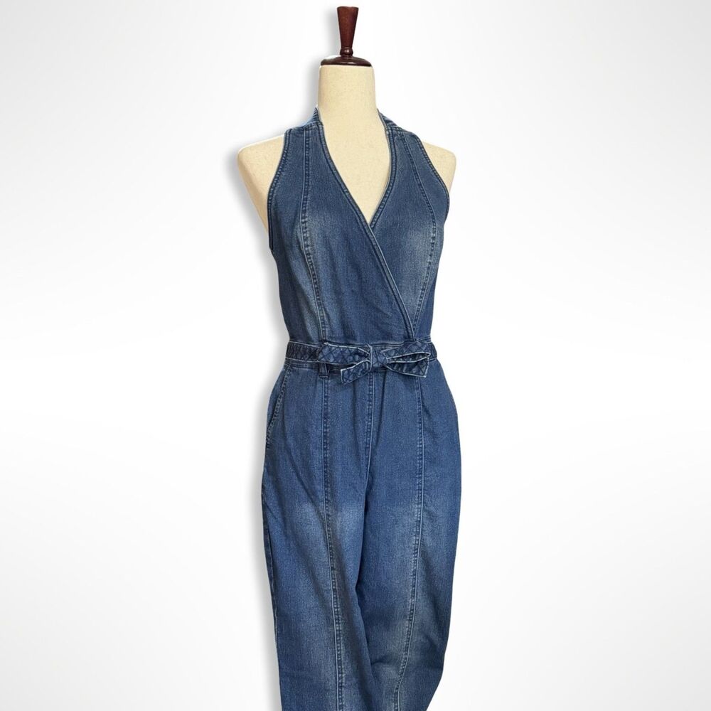 Y2K VENUS Denim Halter Bootcut Jumpsuit 10 L, Disco Hippie 2000s - Picture 5 of 11